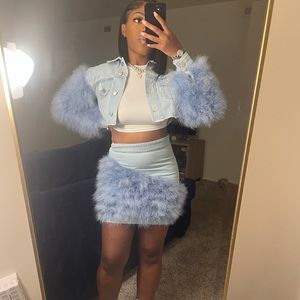 Two piece set. Feather cropped jacket with matching feather skirt.